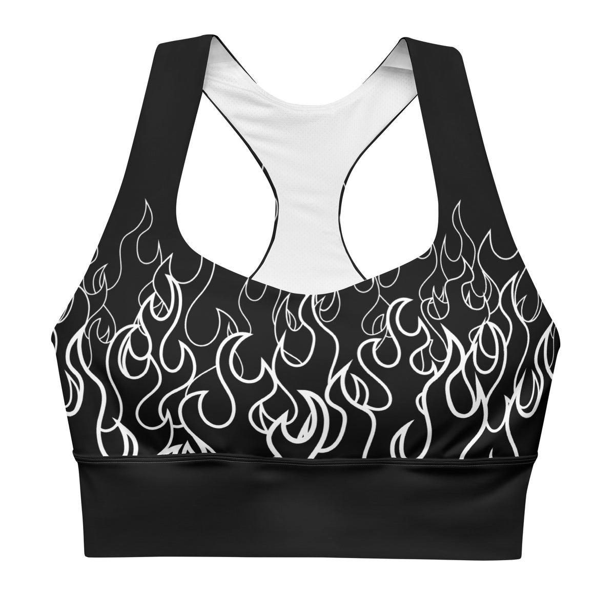 Black-and-white flame print longline sports bra front view