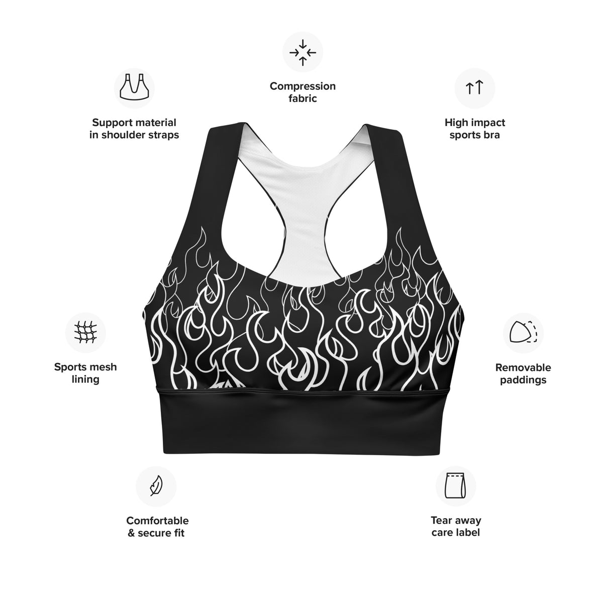 Black-and-white flame print sports bra features graphic showing compression fabric, removable padding, sports mesh lining, and supportive straps