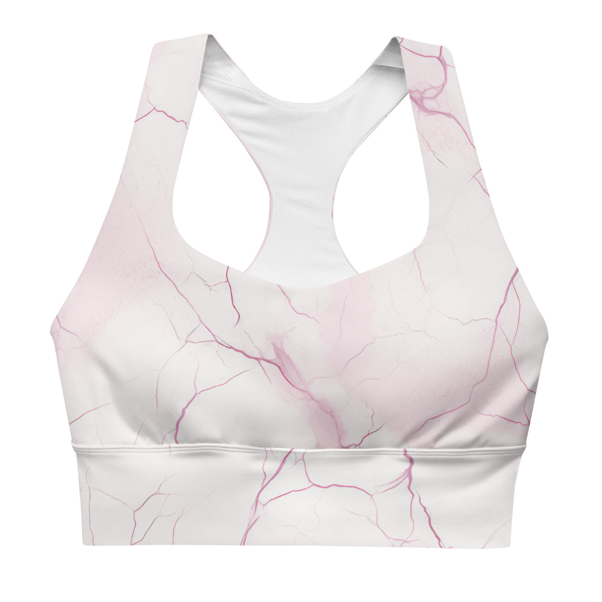 Odette white and blush pink marble print longline sports bra front