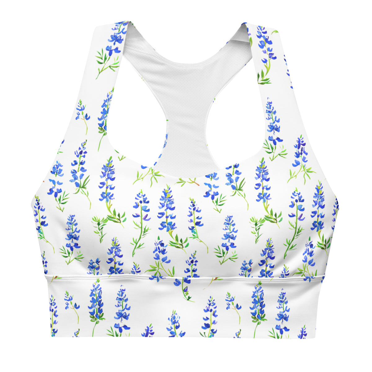 white longline sports bra with Texas bluebonnet pattern showing the front