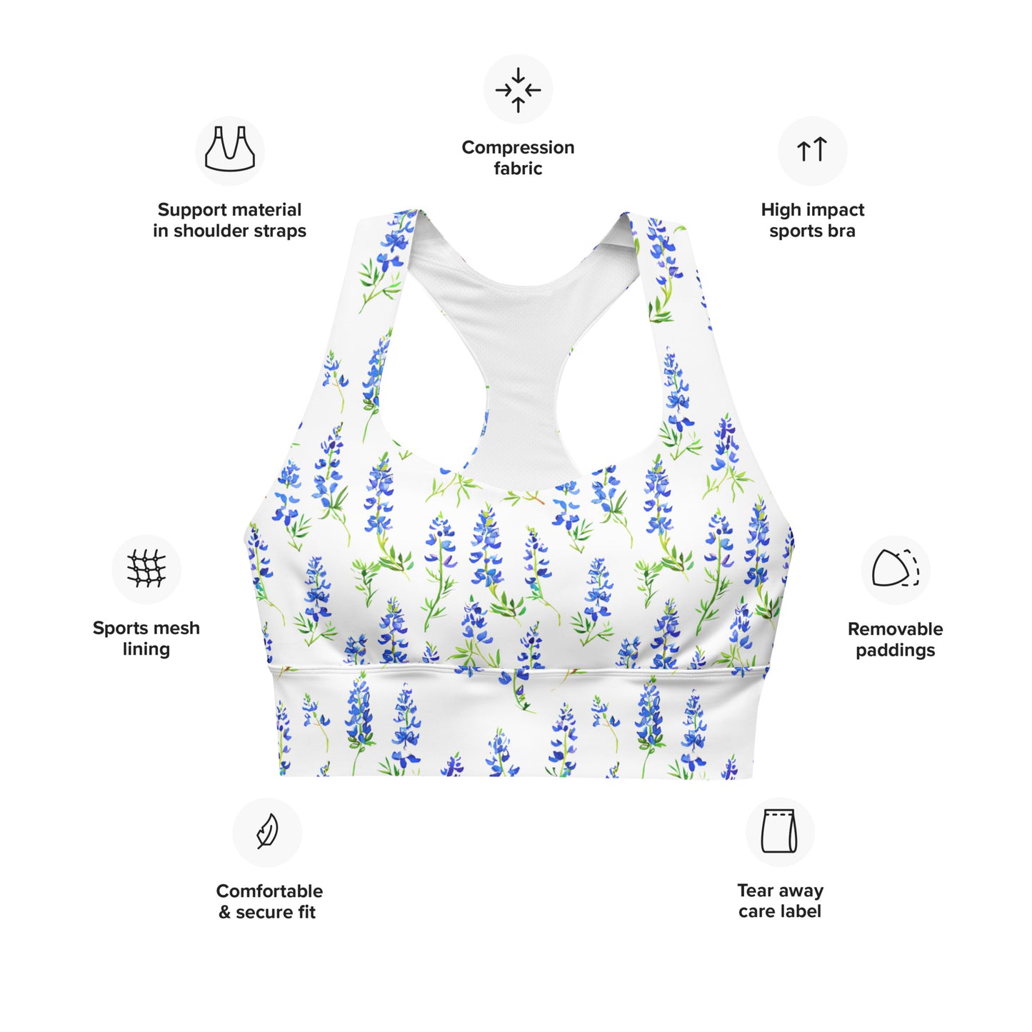Compression Sports Bra: Bluebonnets Collection in Davina