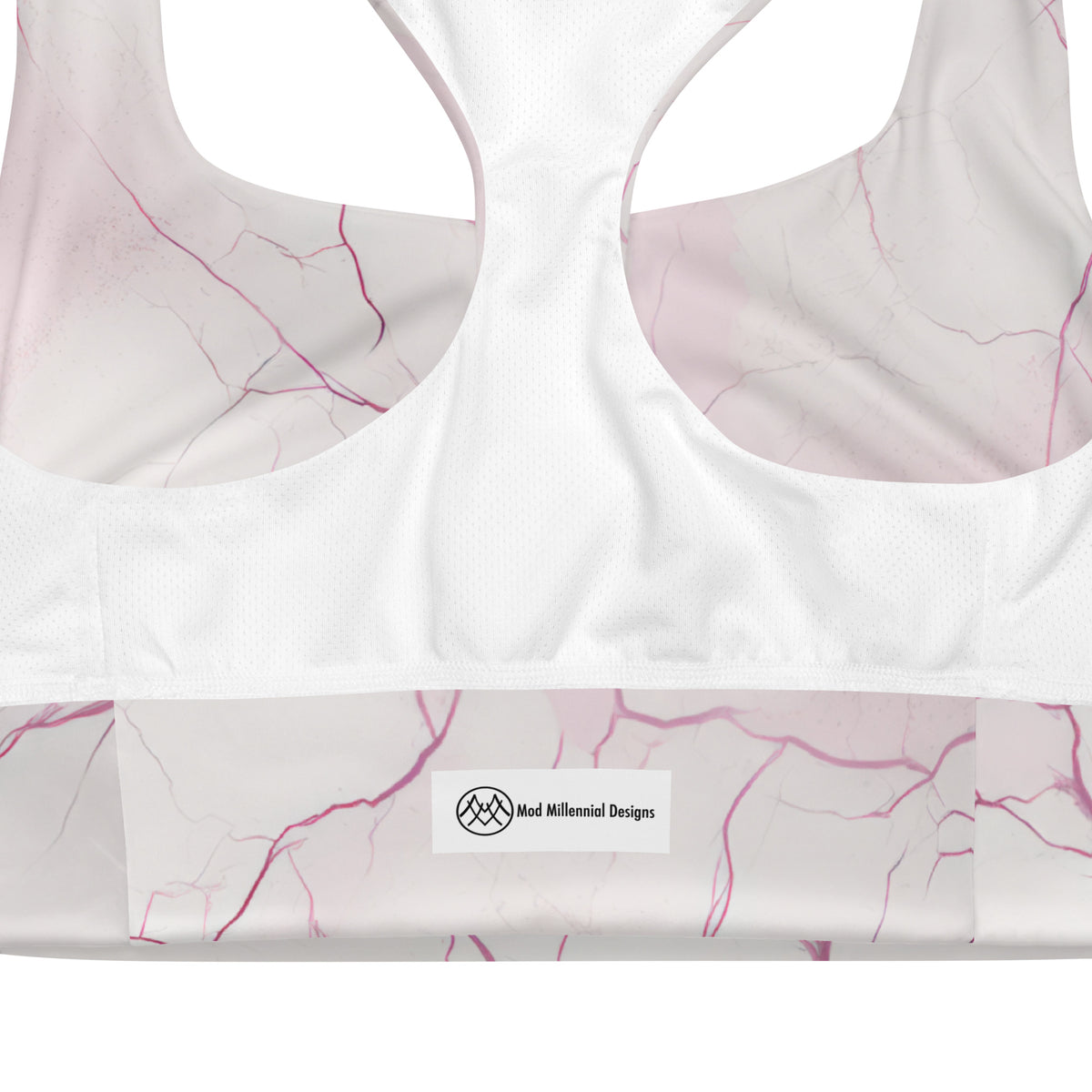 Odette white and blush pink marble print longline sports bra inner band details