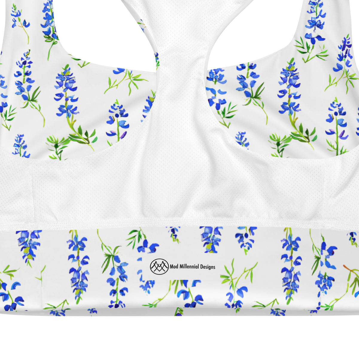 white longline sports bra with Texas bluebonnet pattern showing the inner band details and inner mesh lining