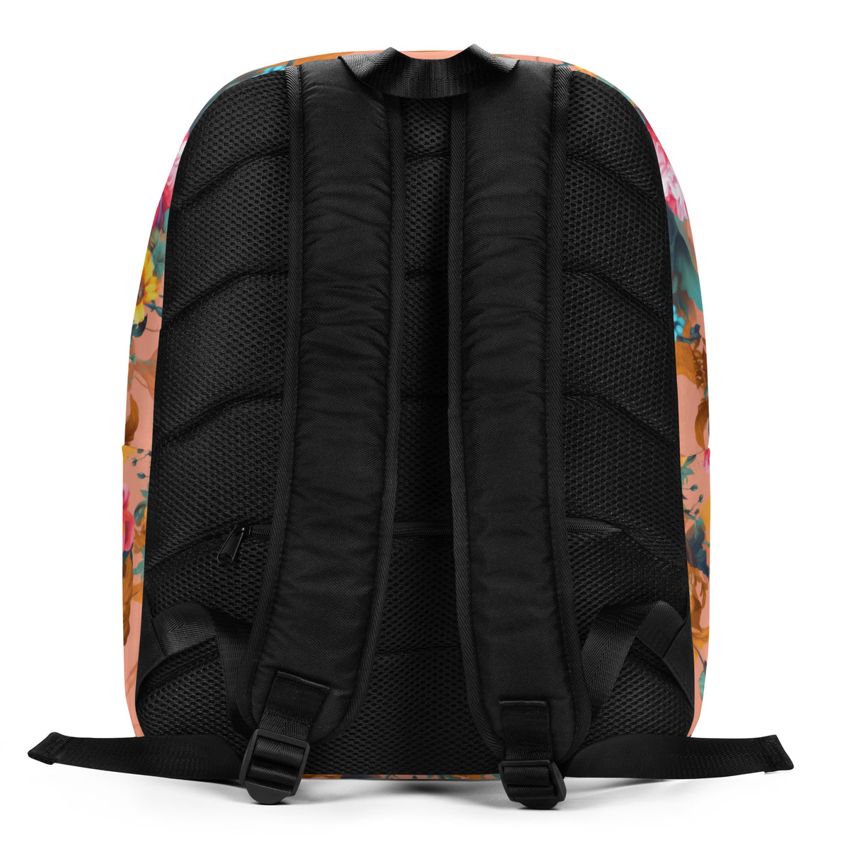 coral backpack with turquoise pink and yellow floral feminine botanical pattern with black zipper straps and handle from the back showing the padding and hidden zipper compartment