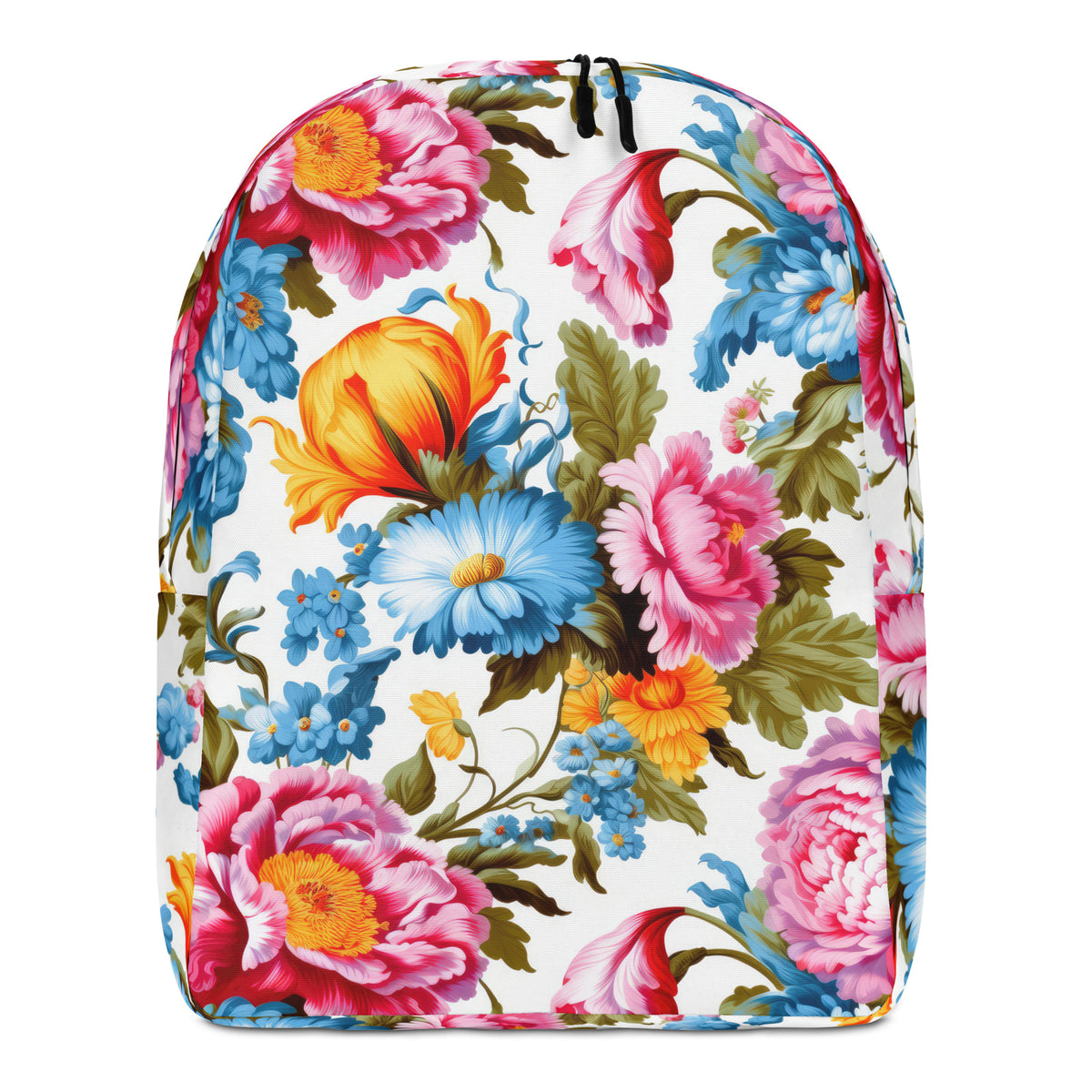 white backpack with black shoulder straps and handle with pink, yellow, and blue floral feminine botanical pattern showing the front