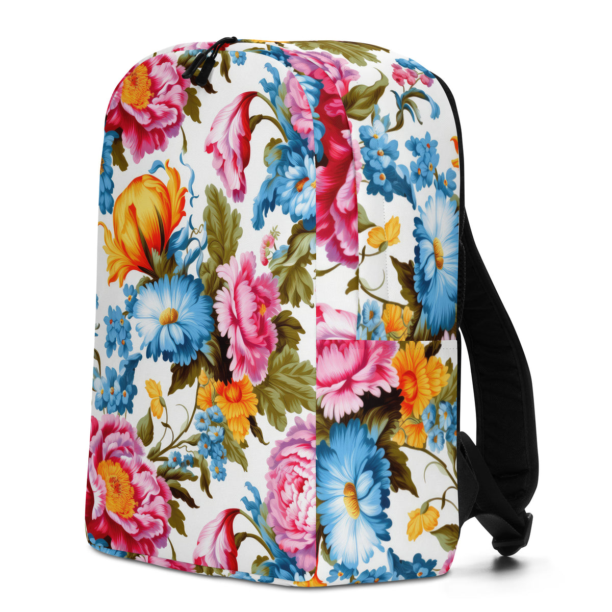 white backpack with black shoulder straps and handle with pink, yellow, and blue floral feminine botanical pattern showing the front at an angle
