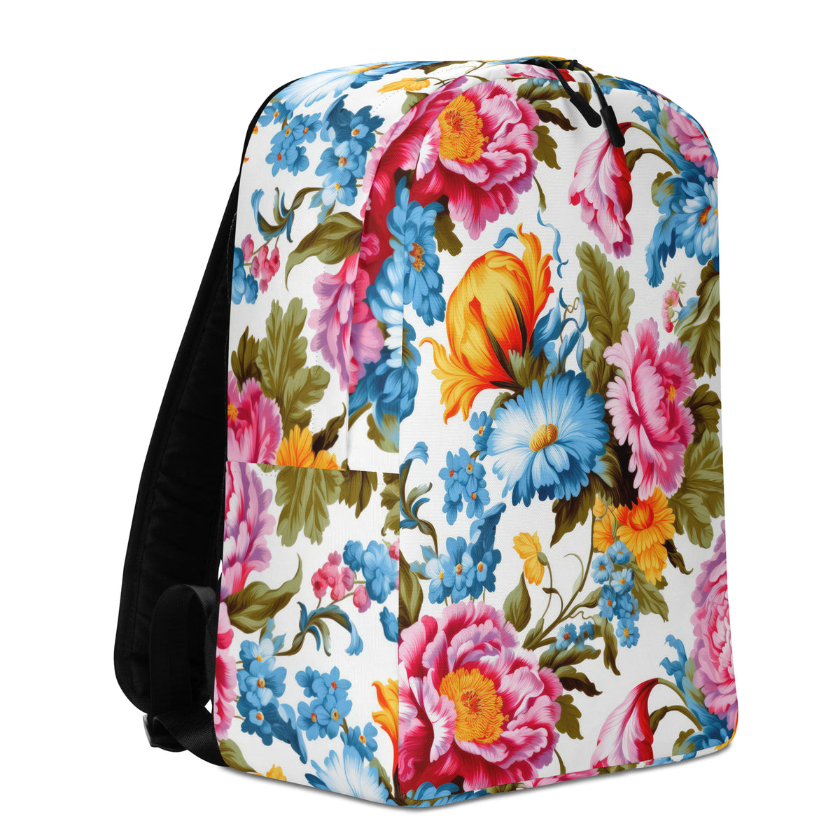 white backpack with black shoulder straps and handle with pink, yellow, and blue floral feminine botanical pattern showing the front at an angle