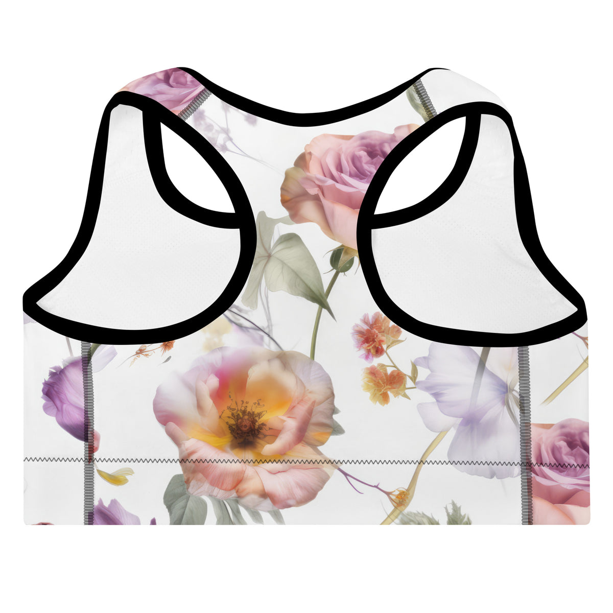standard white sports bra with black piping with purple orange and green botanical feminine floral pattern showing the back