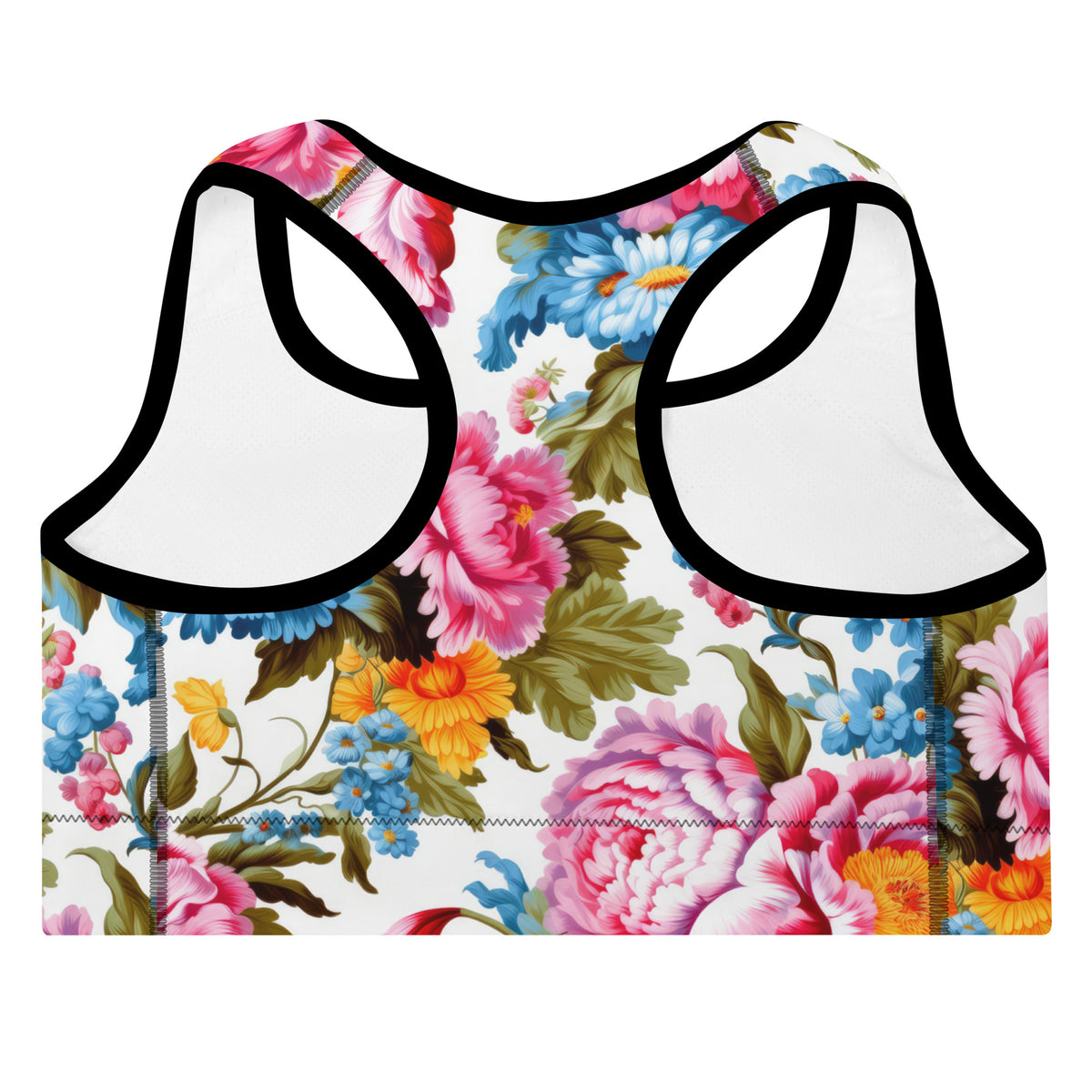 standard sports bra in white with black piping with colorful yellow blue and pink floral botanical and feminine pattern showing the back