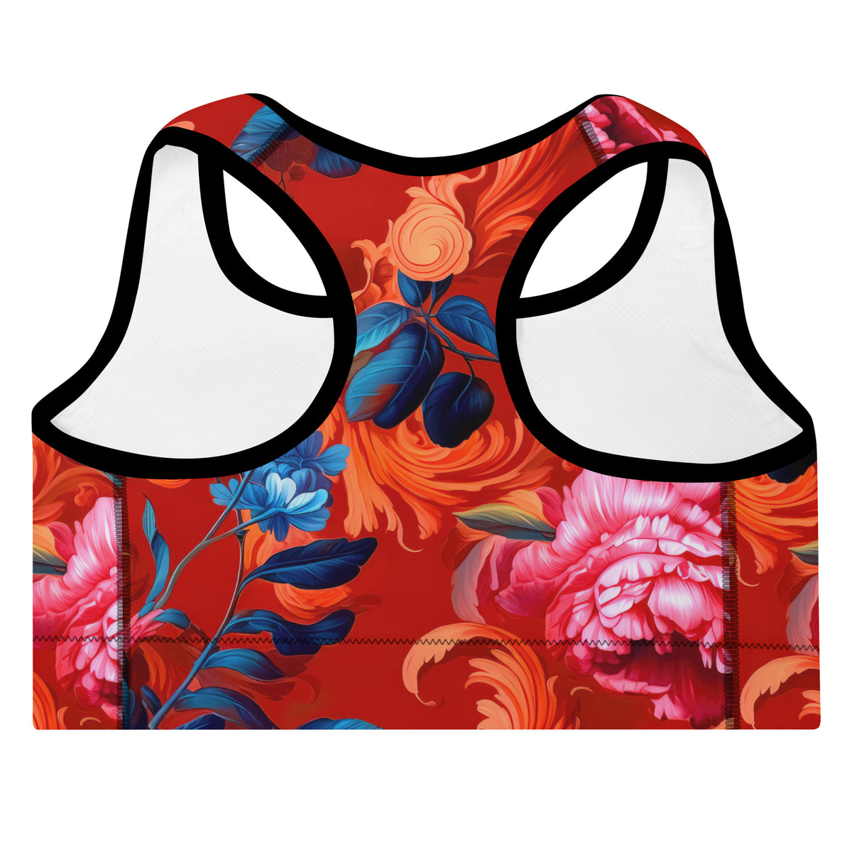 Red floral racerback sports bra back view