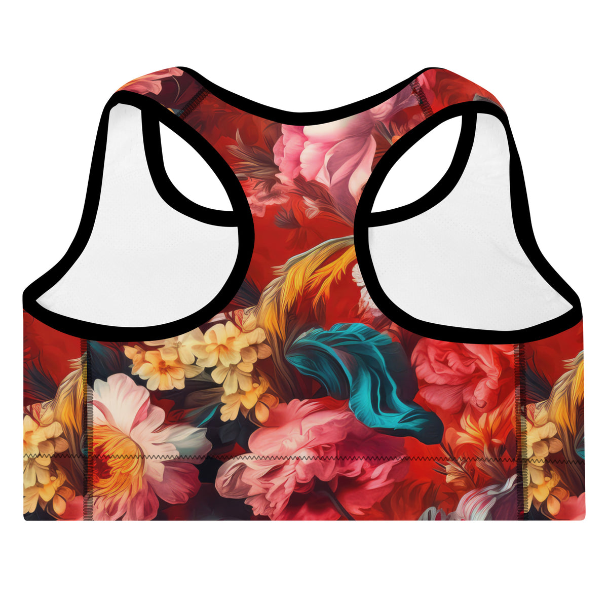 Red floral racerback sports bra back view