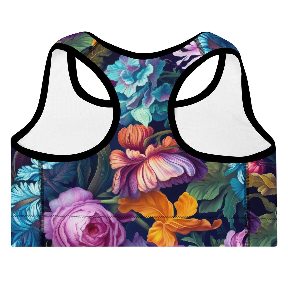 purple standard sports bra with black piping with blue purple and orange floral feminine botanical pattern showing the back
