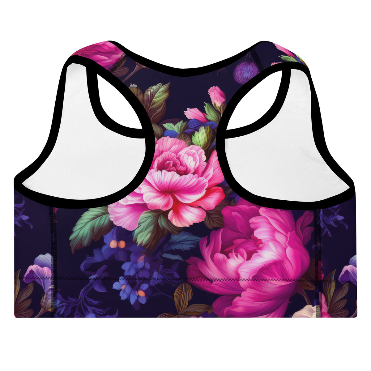 standard sports bra in purple with black piping with pink purple floral botanical feminine pattern showing the back