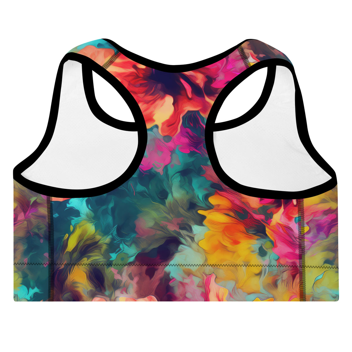 Philomena teal turquoise sports bra with coral pink yellow and purple floral tie-dye pattern back