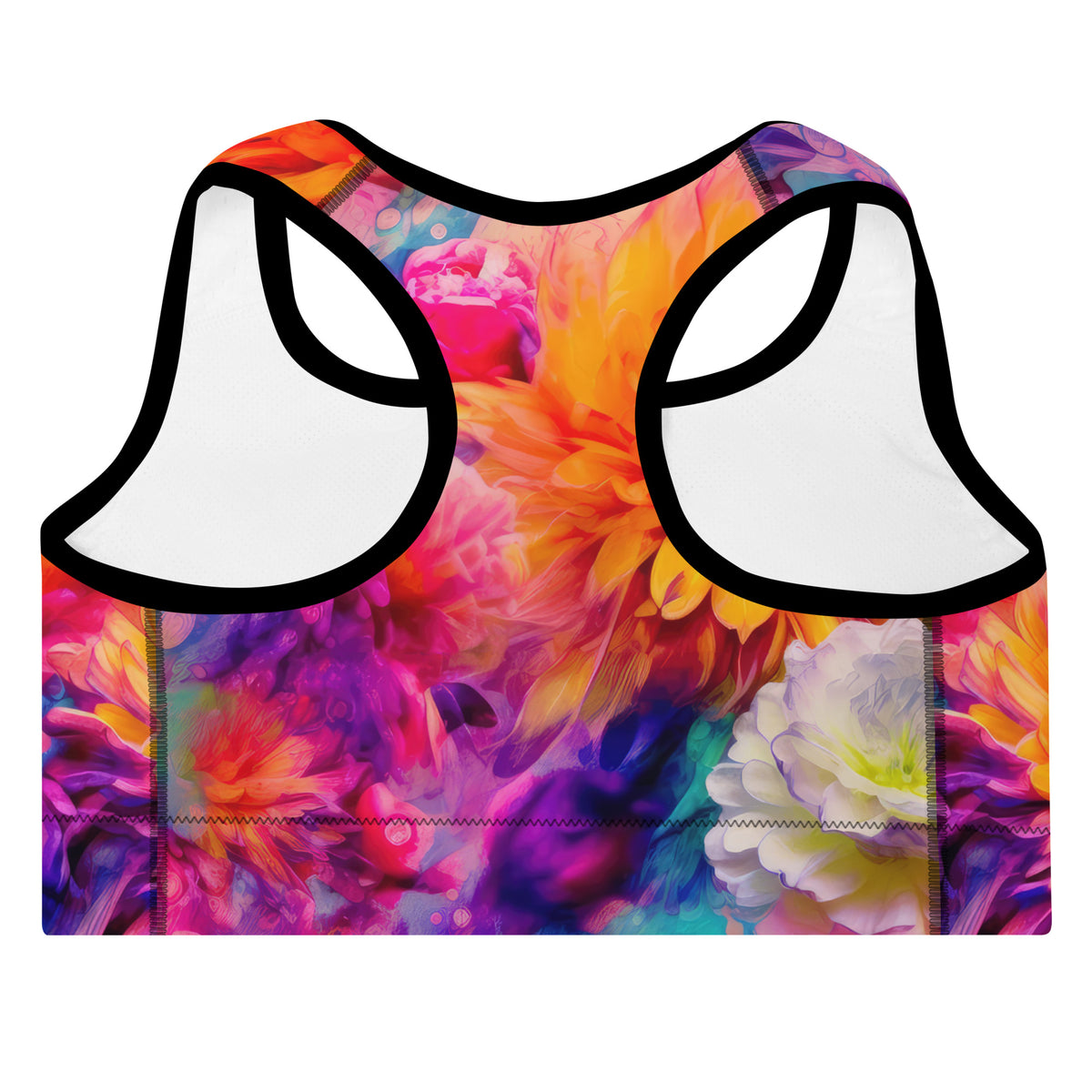 Poppy sports bra with pink orange turquoise purple yellow and green floral tie-dye pattern back