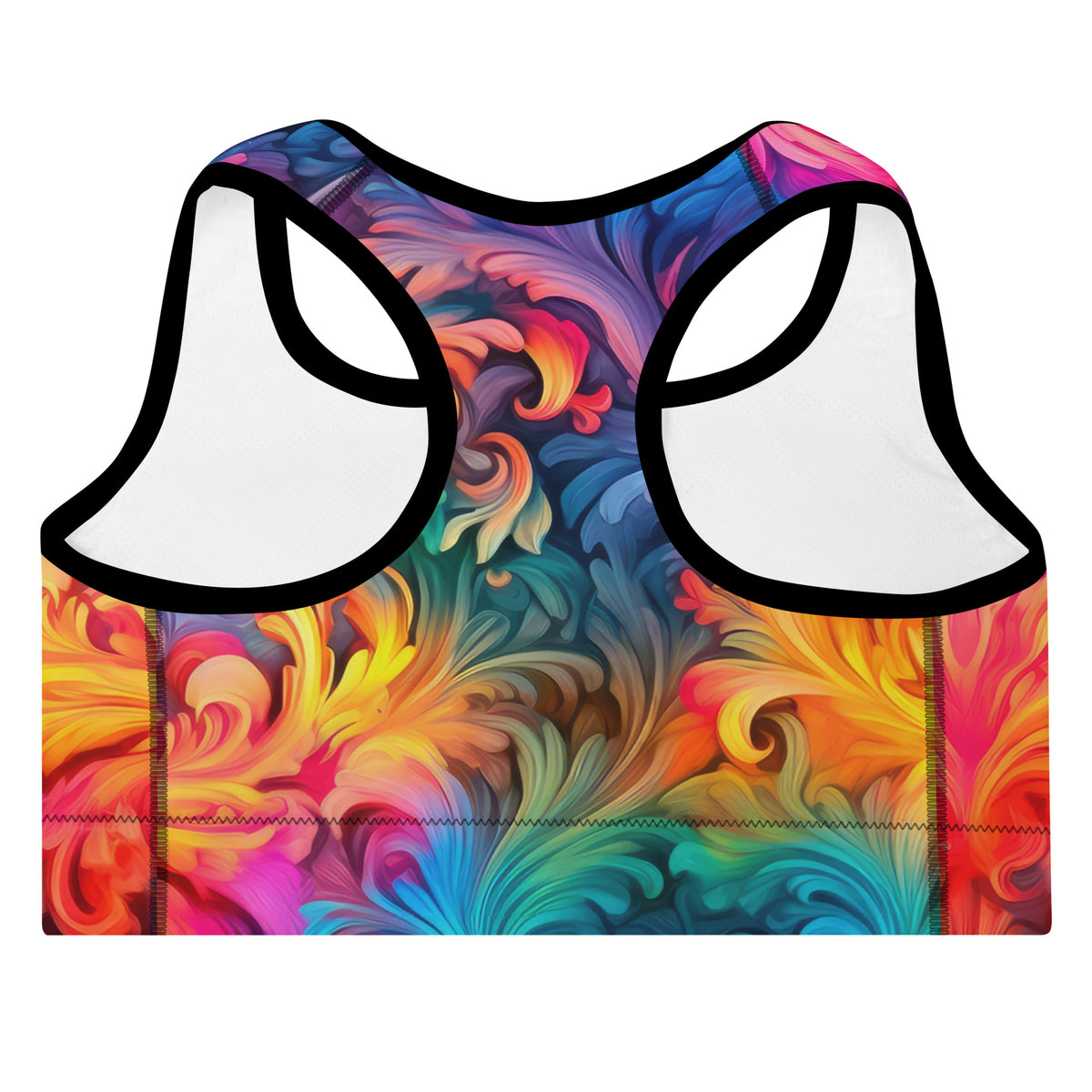 Polly rainbow sports bra with blue turquoise pink orange yellow and purple swirling tie-dye pattern back