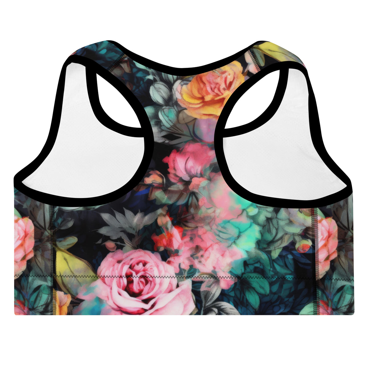 black standard sports bra with black piping with a vivid feminine floral rose yellow and pink pattern showing the back