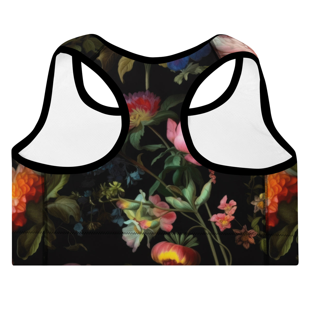 black standard sports bra with black piping with colorful floral feminine pink blue and red pattern showing the back