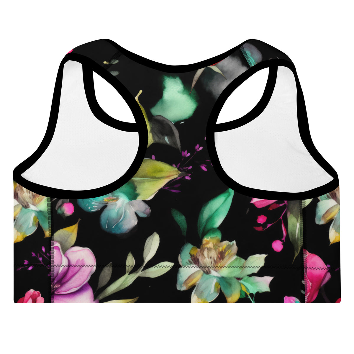 black sports bra with black piping that has a feminine floral botanical purple teal and pink pattern showing the back view
