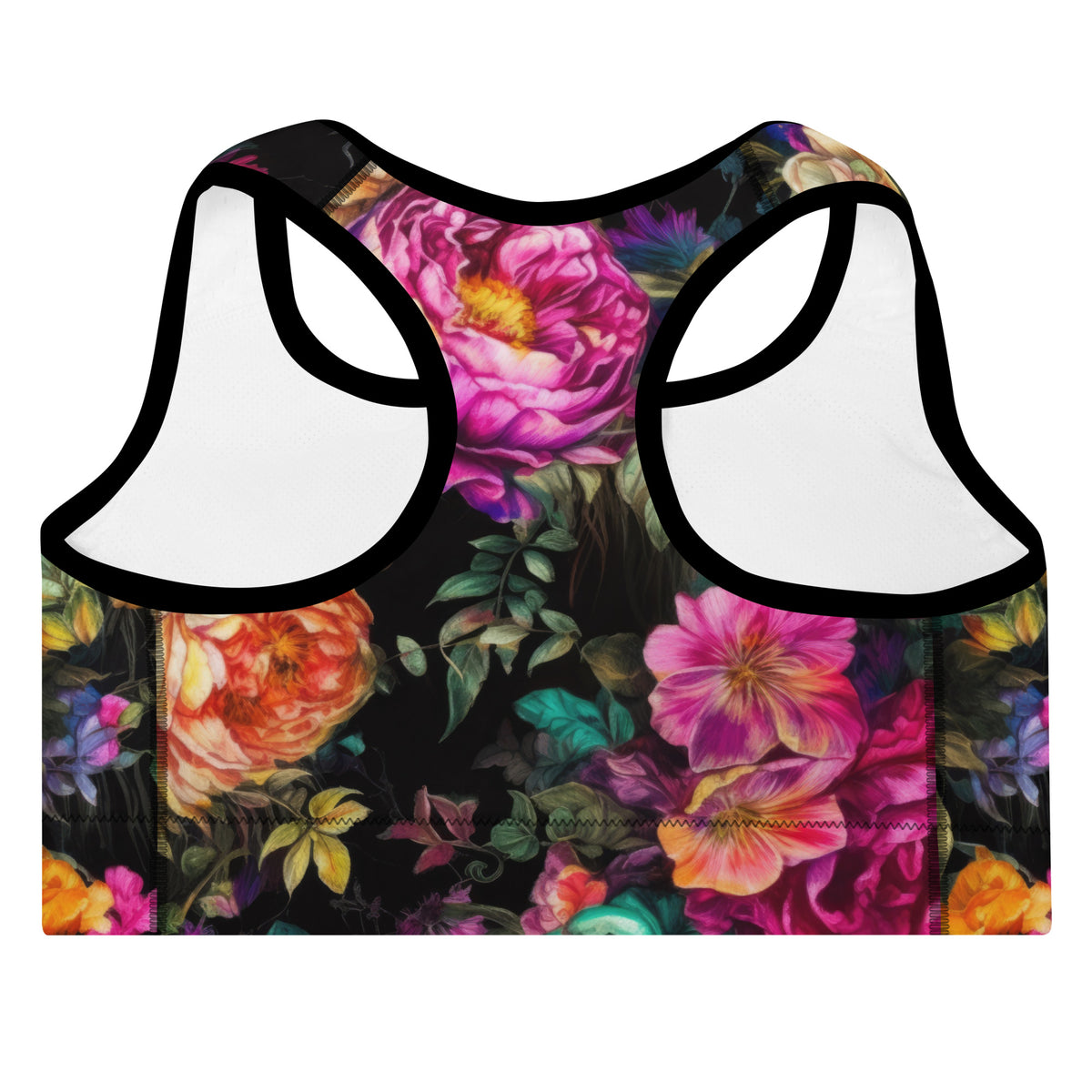 black standard sports bra with black piping and vivid purple orange pink and teal floral feminine botanical pattern showing the back