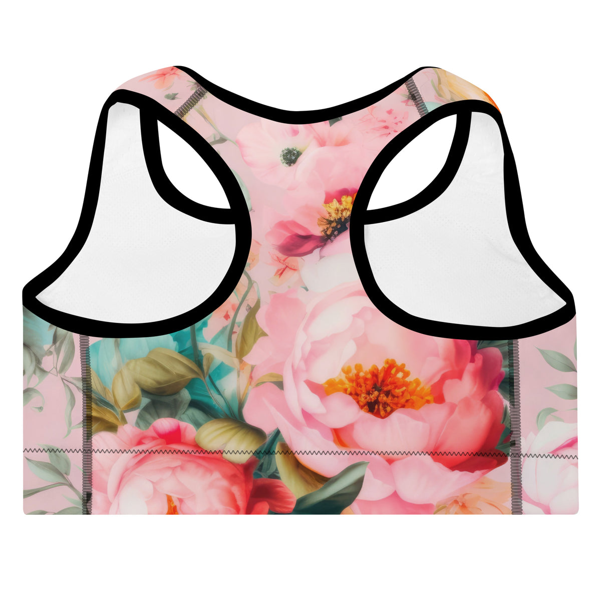 baby pink sports bra with black piping with a colorful floral botanical pattern on it back view