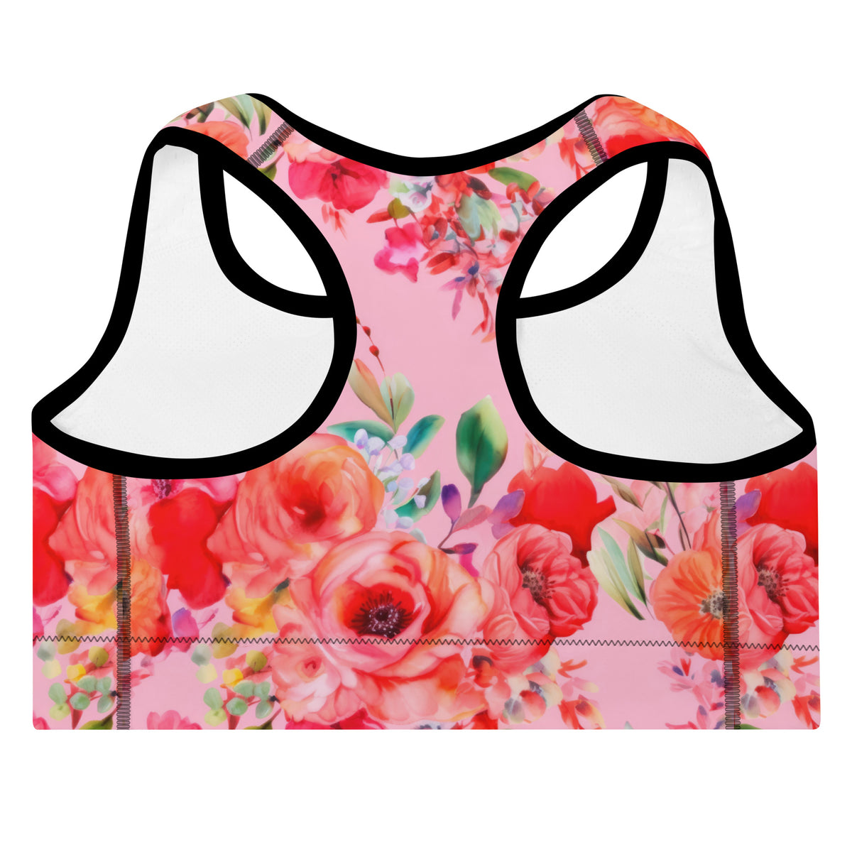 pink sports bra with black piping with colorful floral botanical pattern on it back view