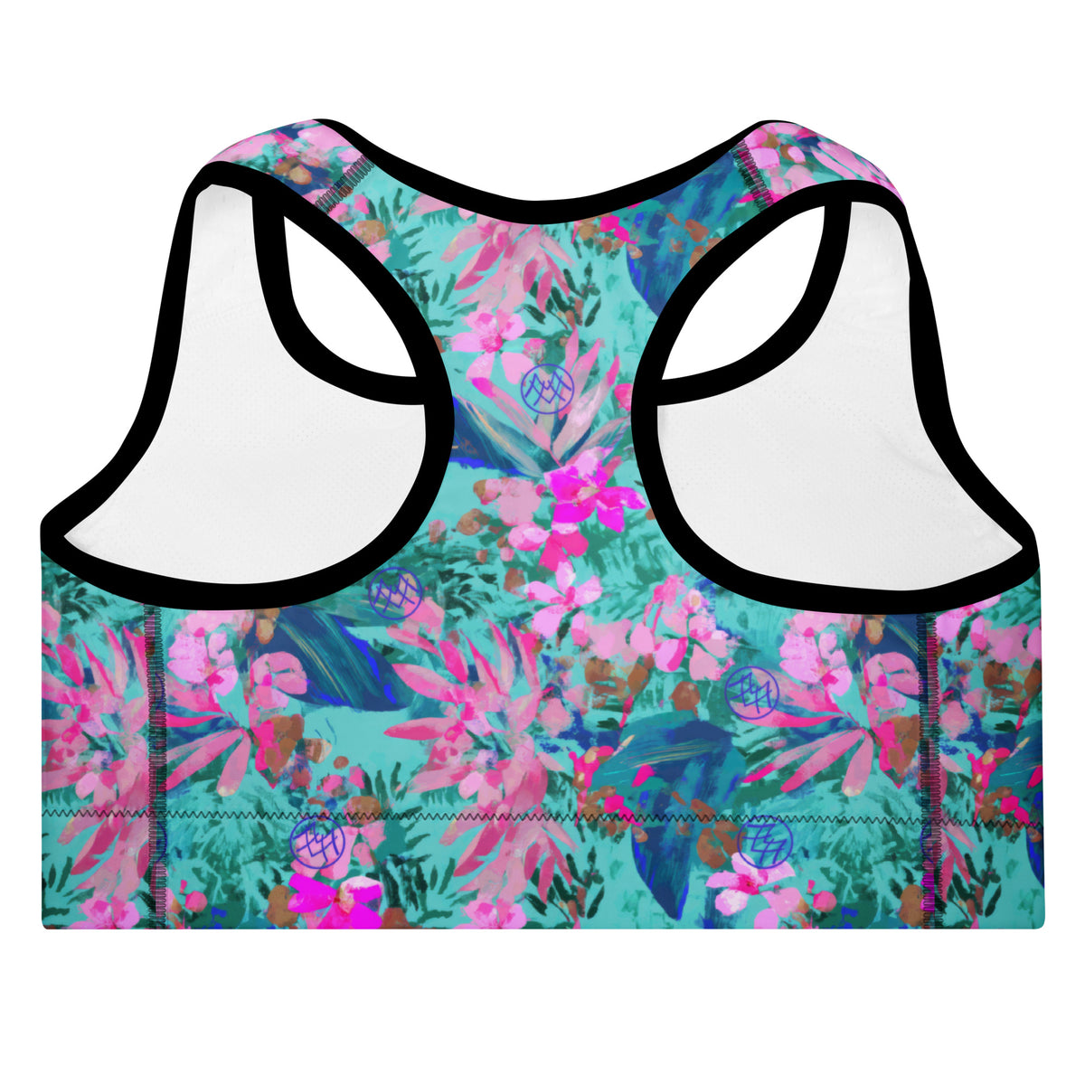 standard sports bra with black piping with a teal turquoise pink and magenta floral botanical tropical feminine pattern showing the back