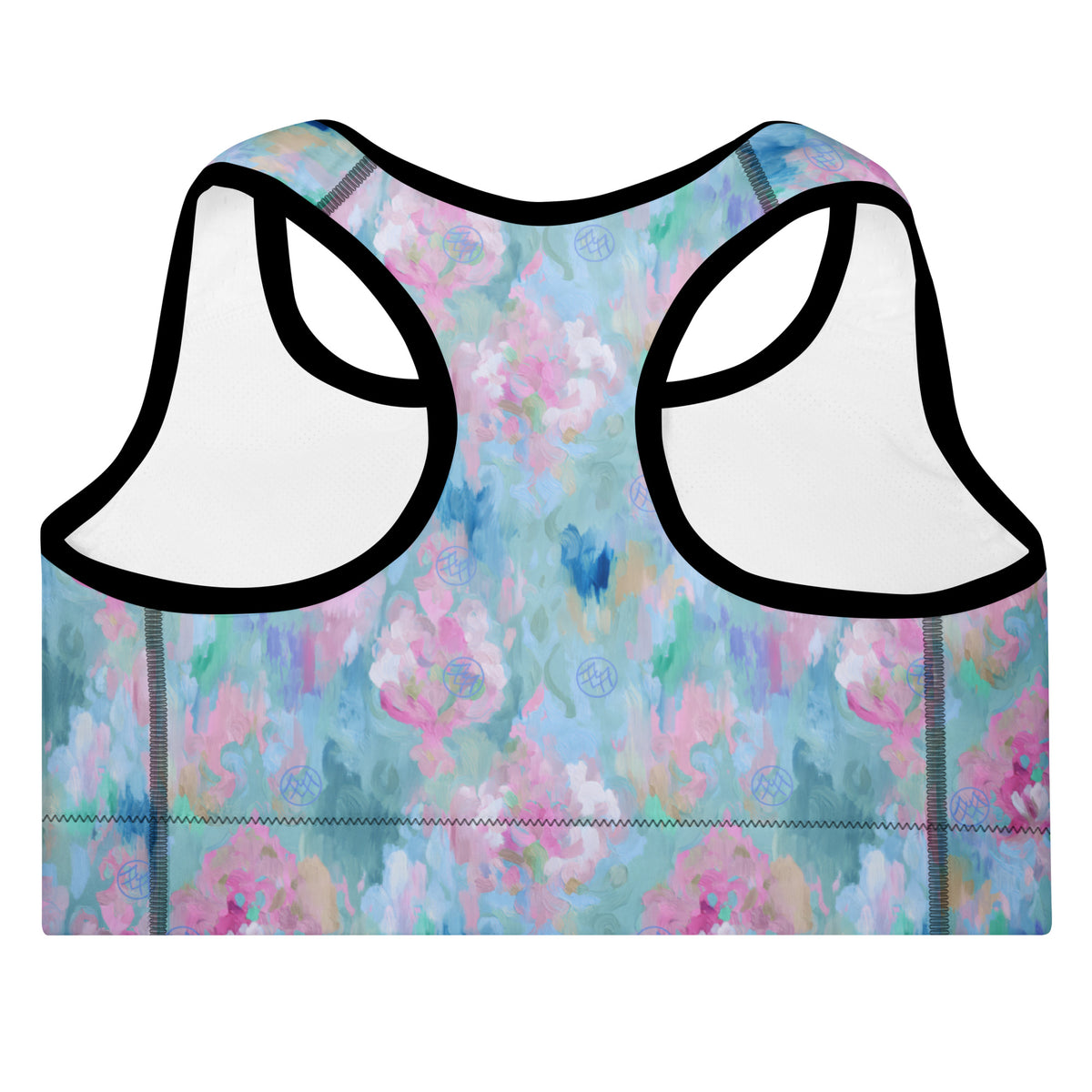 powder blue standard sports bra with black piping with teal navy pink beige and magenta abstract pattern showing the back