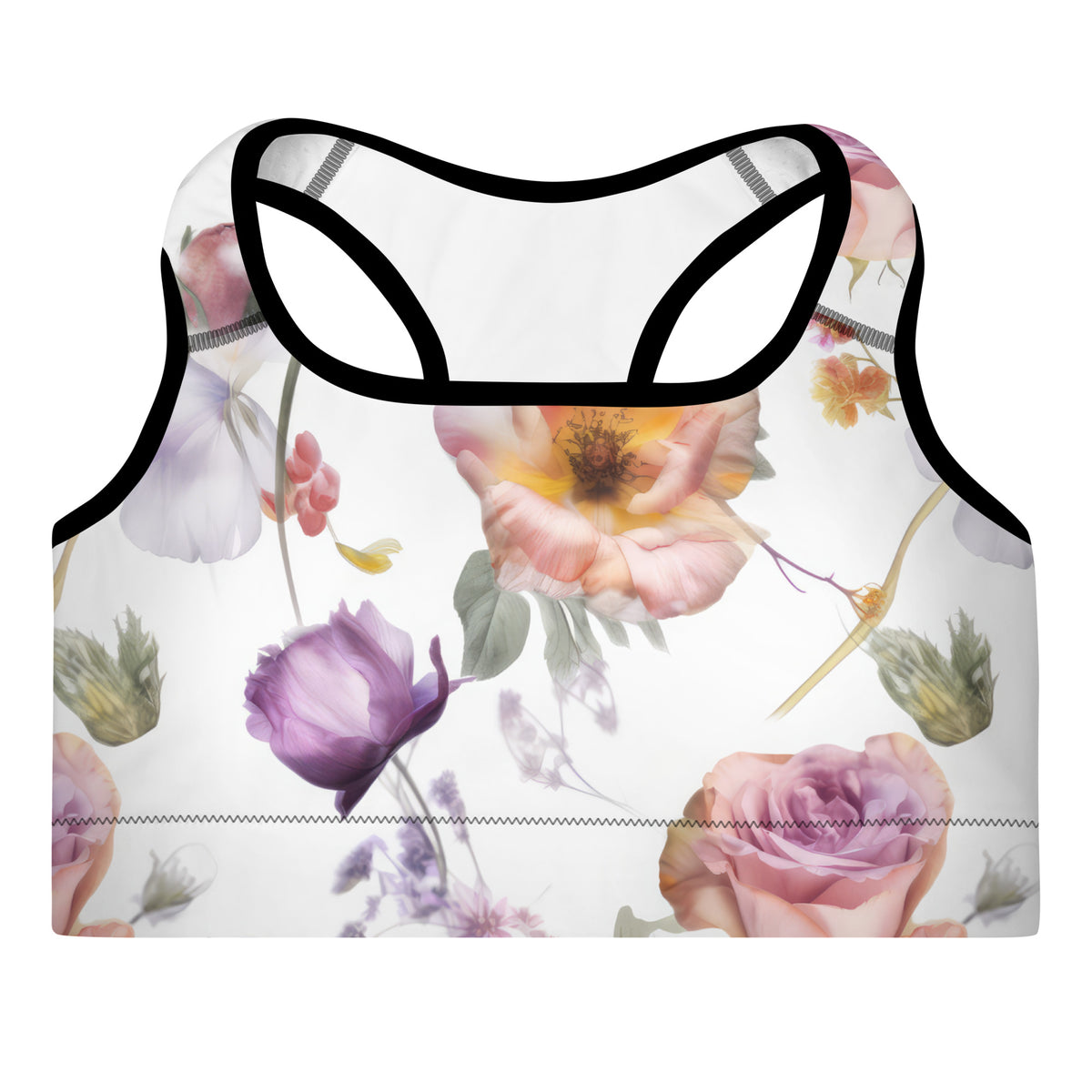 standard white sports bra with black piping with purple orange and green botanical feminine floral pattern showing the front