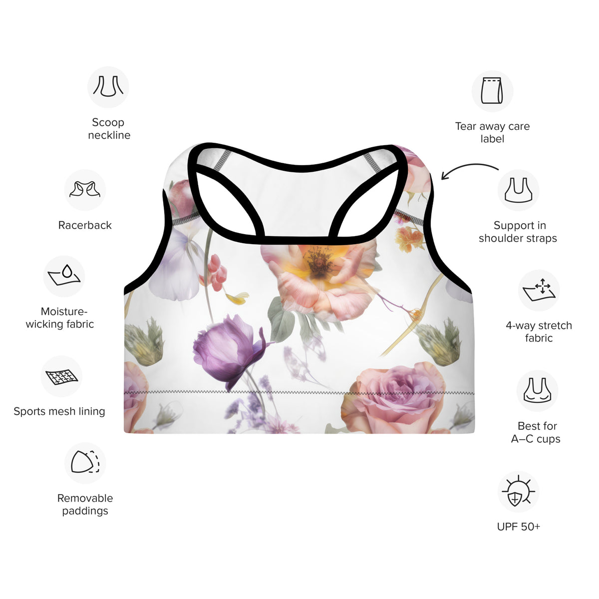 standard white sports bra with black piping with purple orange and green botanical feminine floral pattern showing the front on a features diagram including 4-way stretch, moisture-wicking fabric, and removable paddings