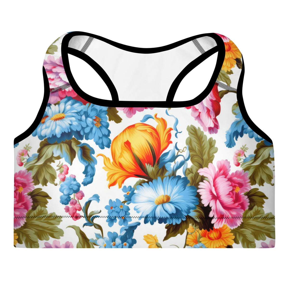 standard sports bra in white with black piping with colorful yellow blue and pink floral botanical and feminine pattern showing the front