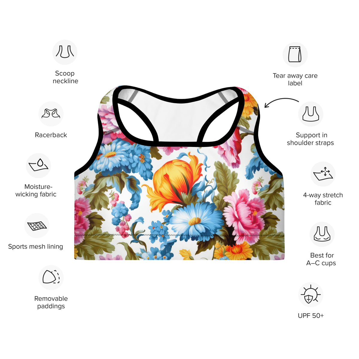 standard sports bra in white with black piping with colorful yellow blue and pink floral botanical and feminine pattern showing the front on a feature diagram including 4-way stretch fabric, moisture-wicking fabric, and removable paddings