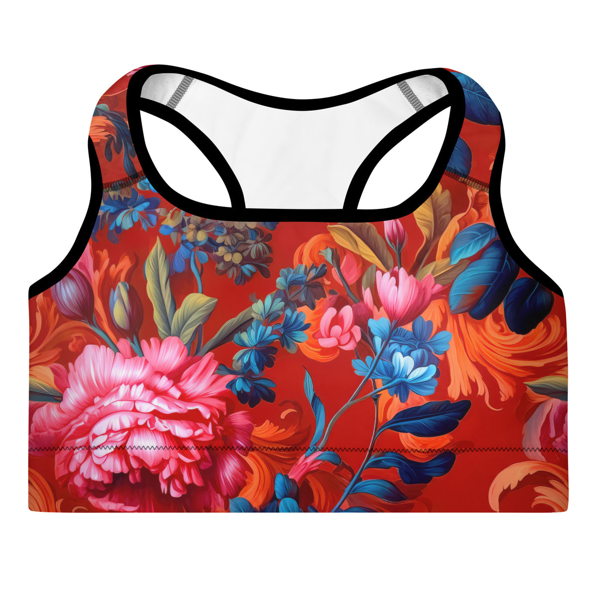Red floral racerback sports bra front view