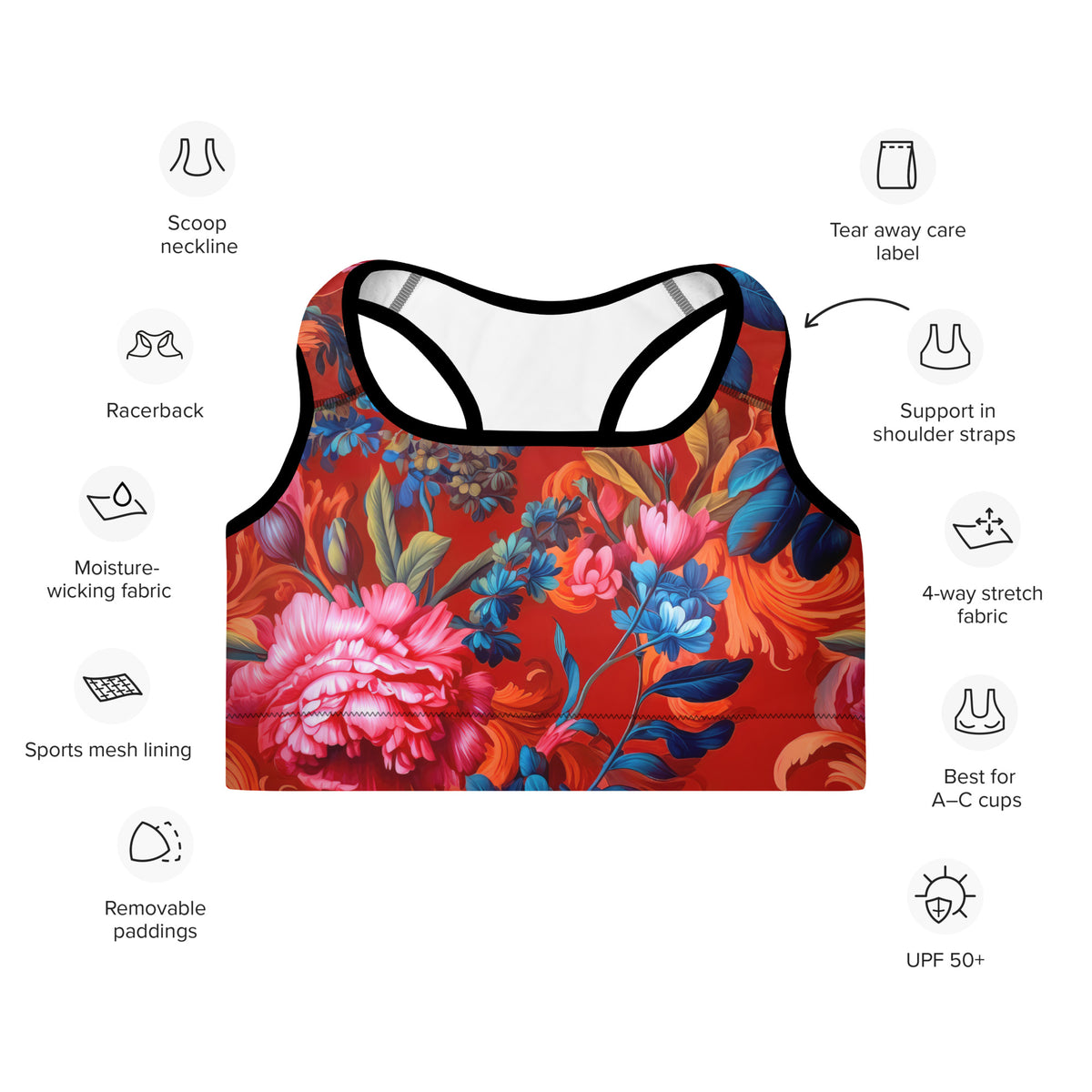 Red floral sports bra features graphic showing racerback design, removable padding, and supportive construction