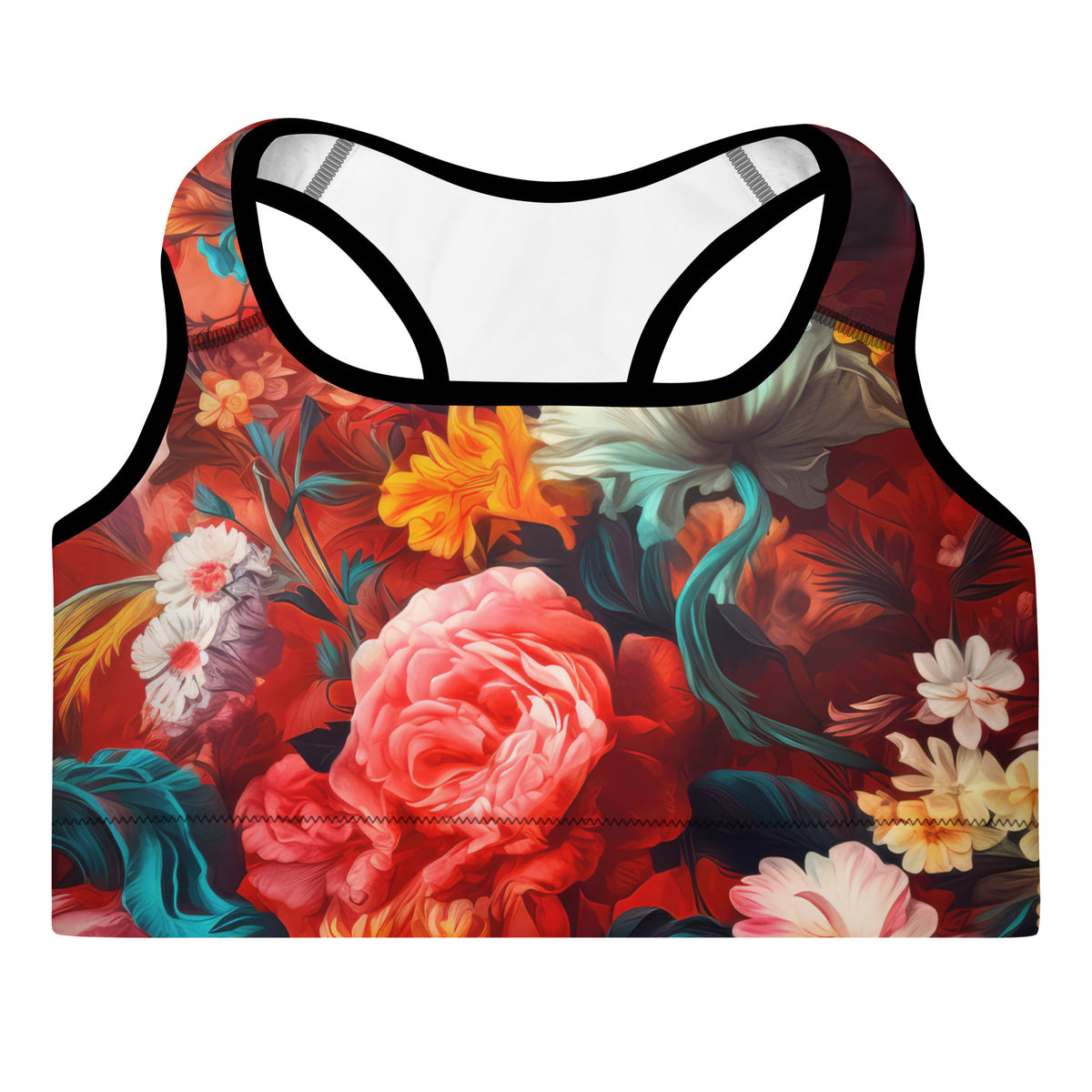 Red floral racerback sports bra front view