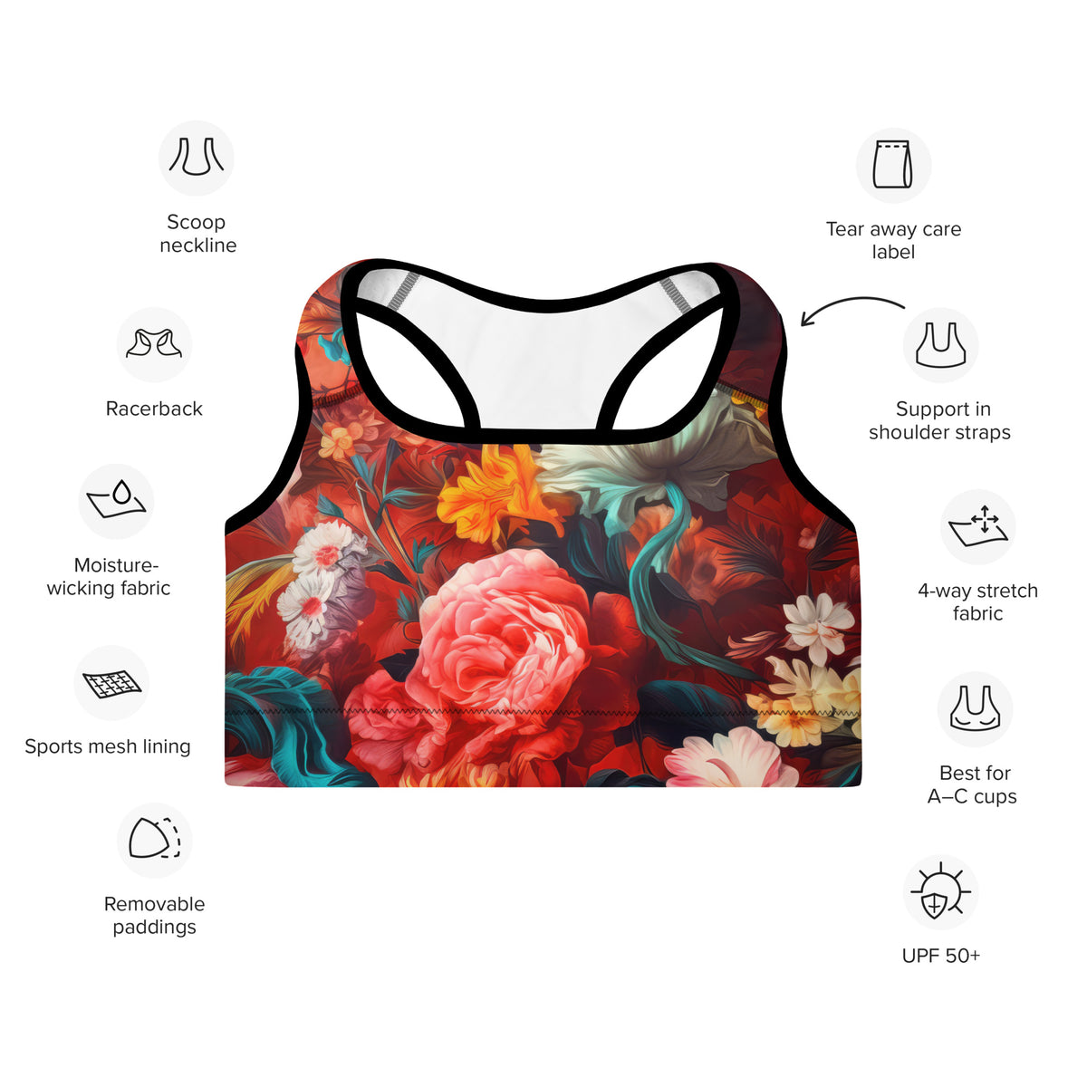 Red floral sports bra features graphic showing racerback design, removable padding, sports mesh lining, moisture-wicking fabric, and supportive construction