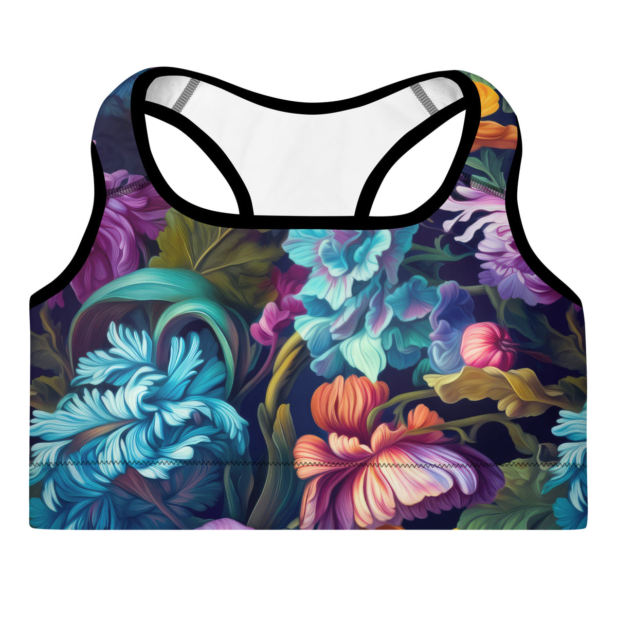purple standard sports bra with black piping with blue purple and orange floral feminine botanical pattern showing the front