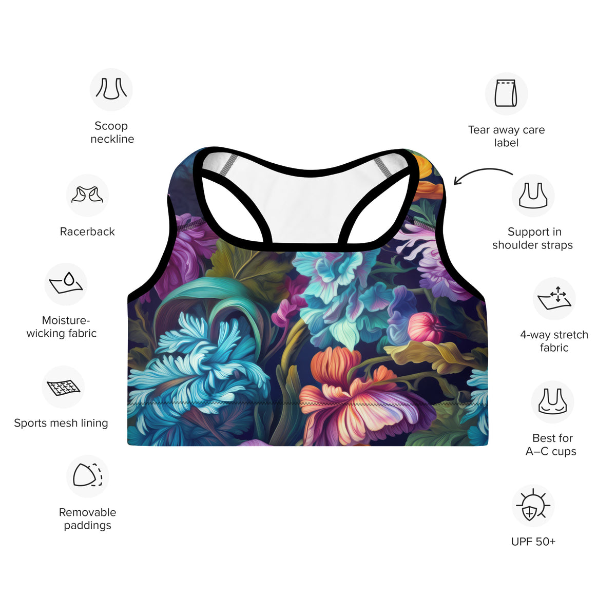 purple standard sports bra with black piping with blue purple and orange floral feminine botanical pattern showing the front on a features diagram including moisture-wicking fabric, 4-way stretch, and removable paddings