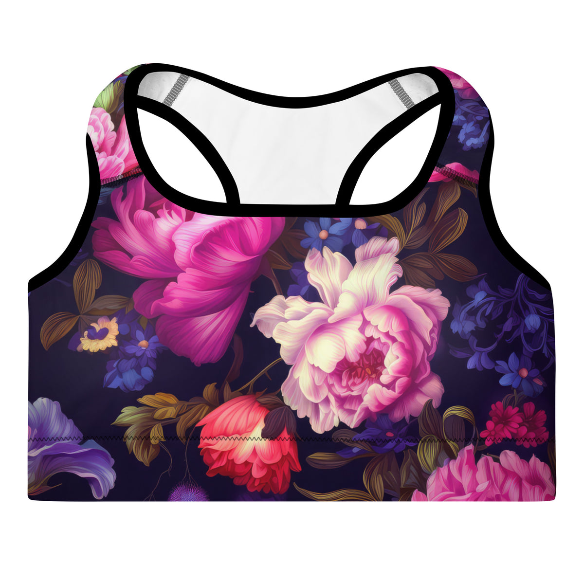 standard sports bra in purple with black piping with pink purple floral botanical feminine pattern showing the front