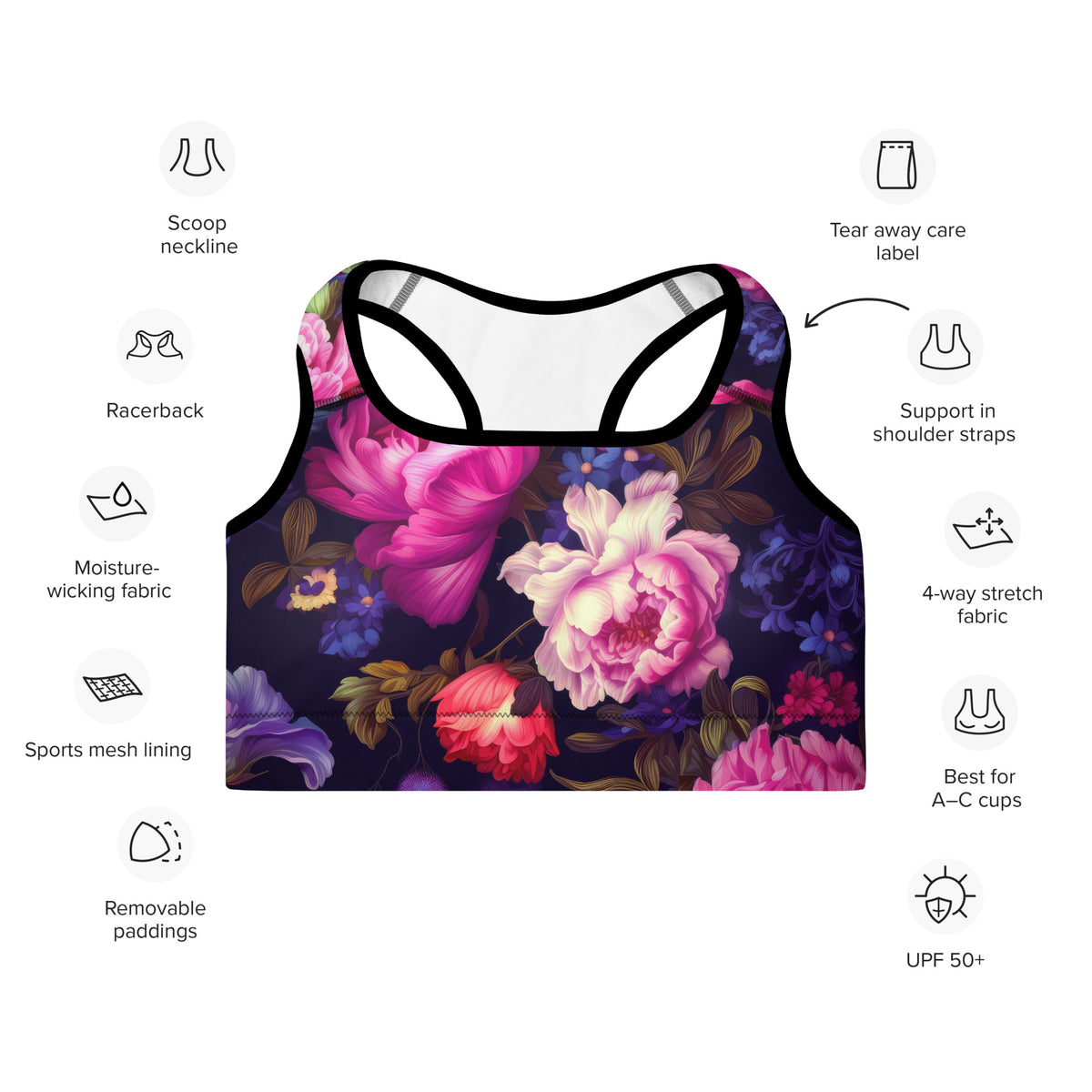 standard sports bra in purple with black piping with pink purple floral botanical feminine pattern showing the front of a feature diagram including 4-way stretch, moisture-wicking fabric, and removable padding