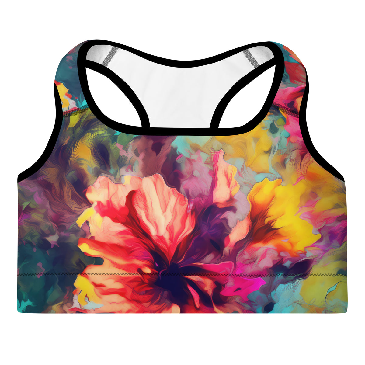Philomena teal turquoise sports bra with coral pink yellow and purple floral tie-dye pattern front