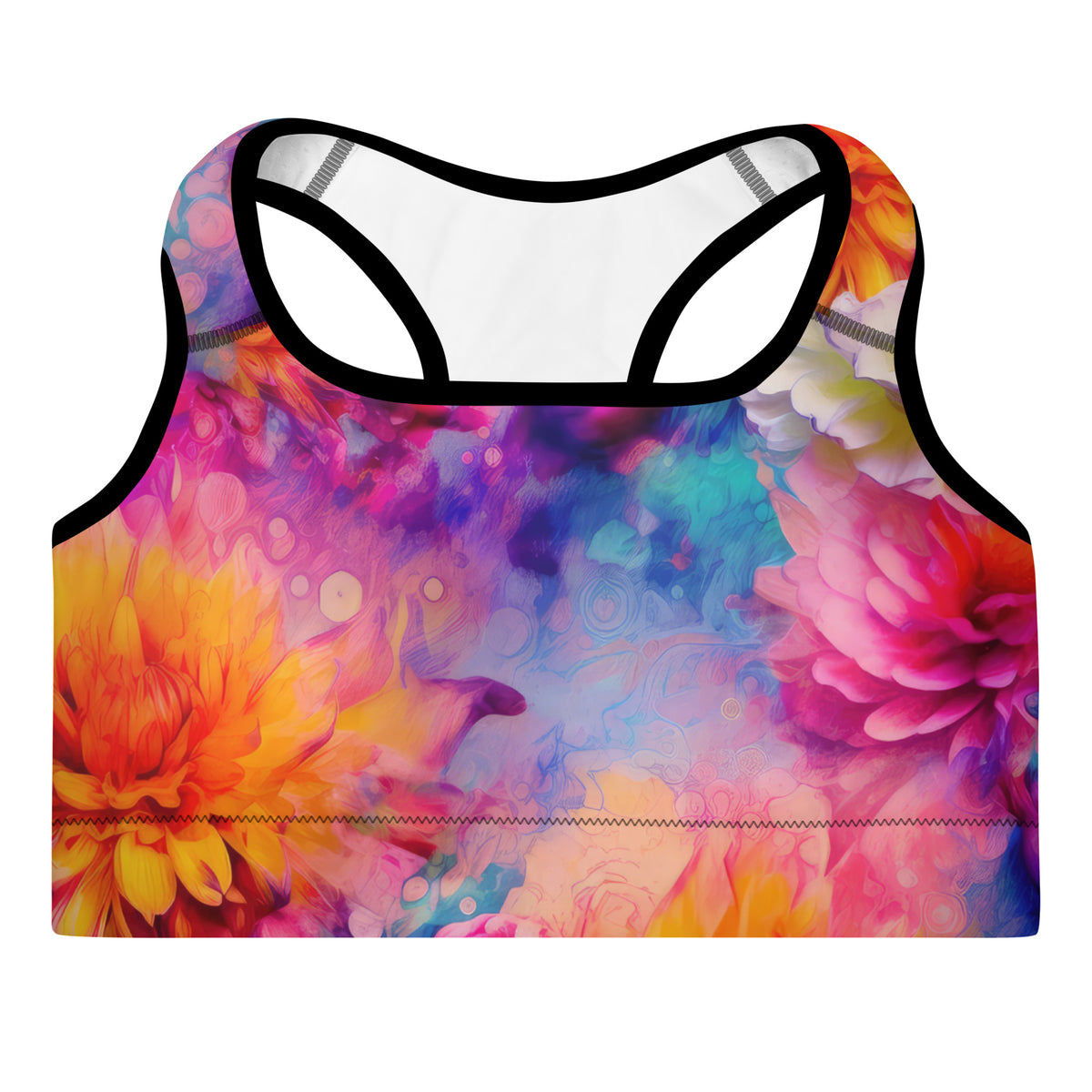 Poppy sports bra with pink orange turquoise purple yellow and green floral tie-dye pattern front