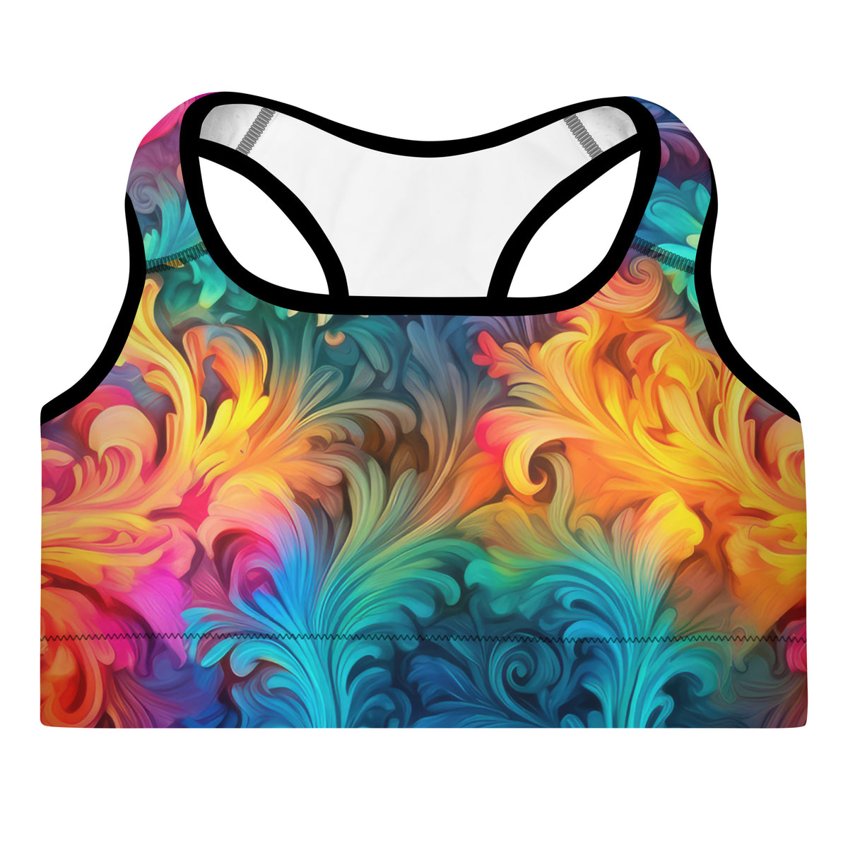 Polly rainbow sports bra with blue turquoise pink orange yellow and purple swirling tie-dye pattern front