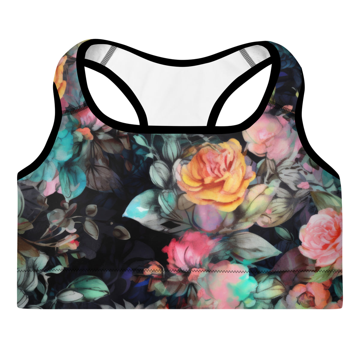 black standard sports bra with black piping with a vivid feminine floral rose yellow and pink pattern showing the front