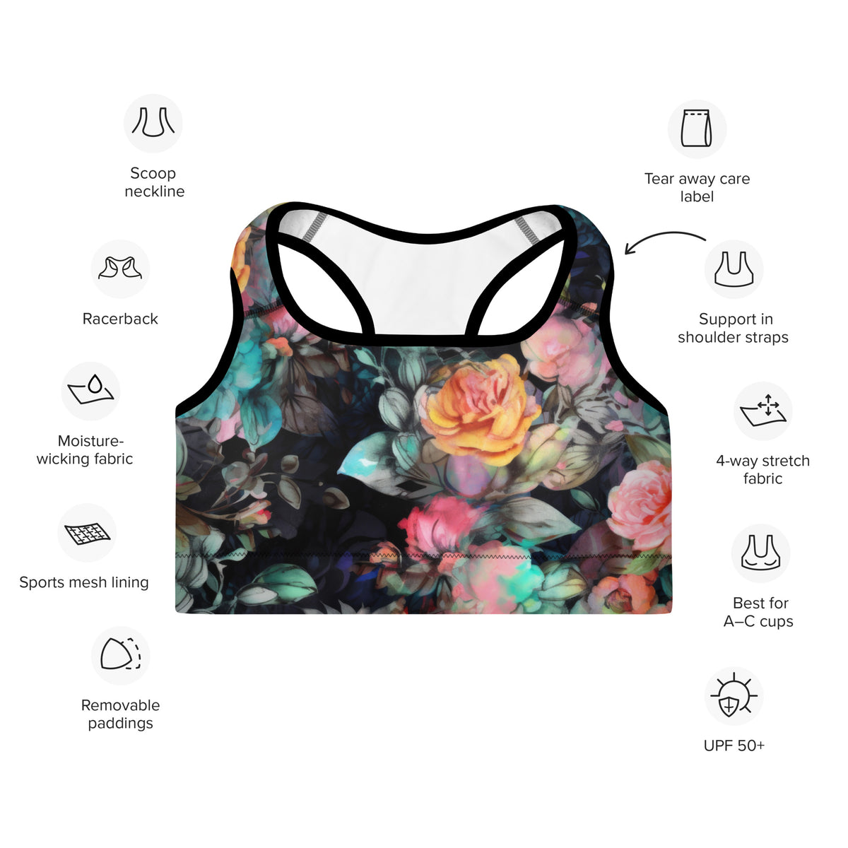 black standard sports bra with black piping with a vivid feminine floral rose yellow and pink pattern showing the front on a diagram of features such as 4-way stretch, moisture-wicking fabric, and removable padding