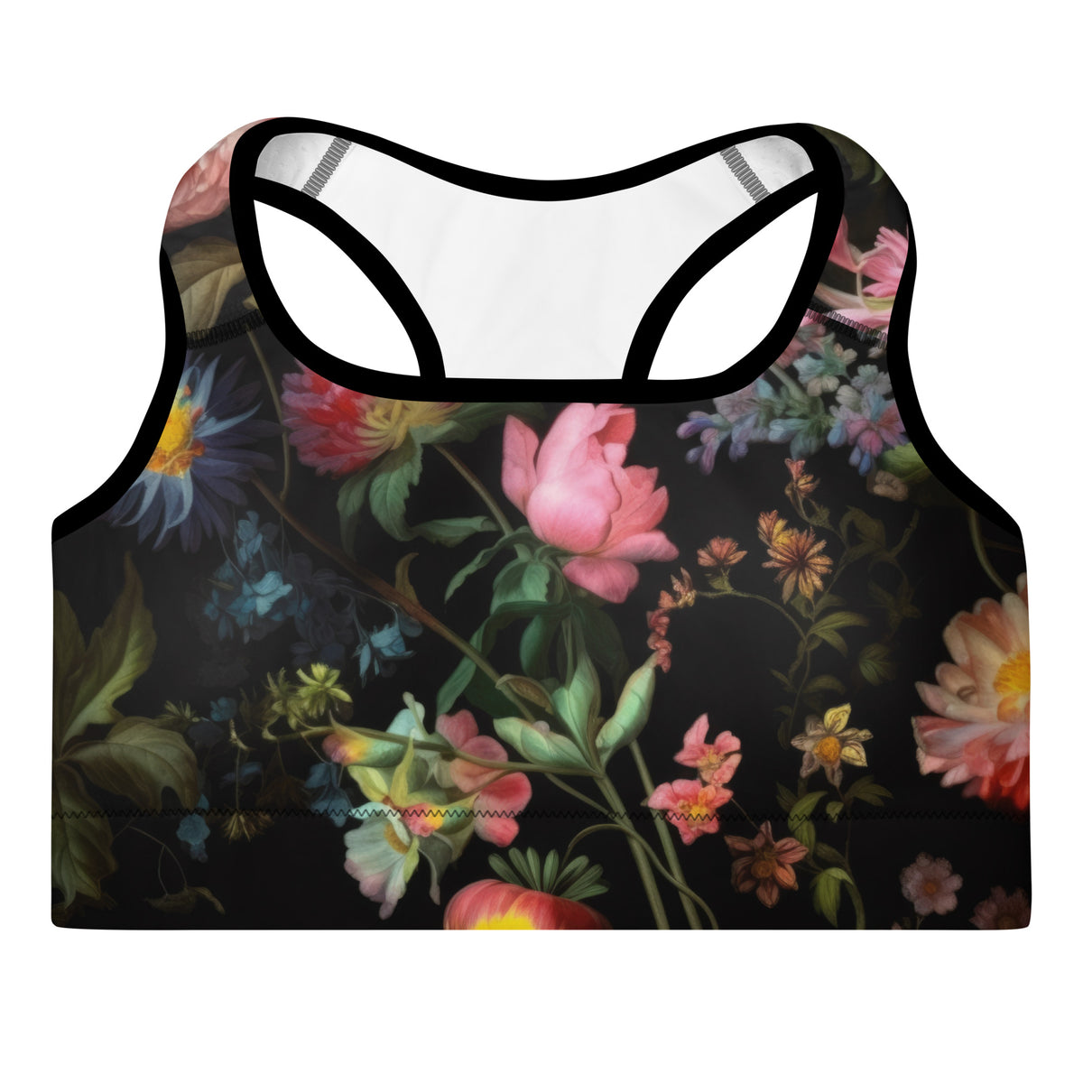 black standard sports bra with black piping with colorful floral feminine pink blue and red pattern showing the front