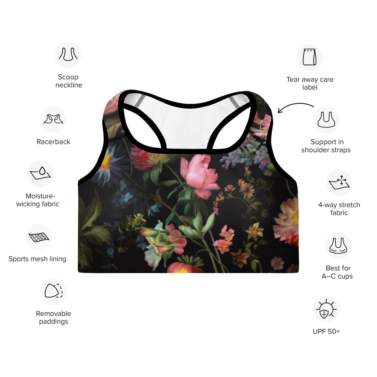 black standard sports bra with black piping with colorful floral feminine pink blue and red pattern showing the front I’m a diagram of features including 4-way stretch, moisture-wicking fabric, and removable padding