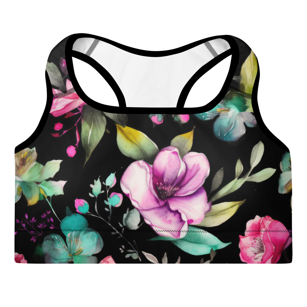 black sports bra with black piping that has a feminine floral botanical purple teal and pink pattern showing the front view