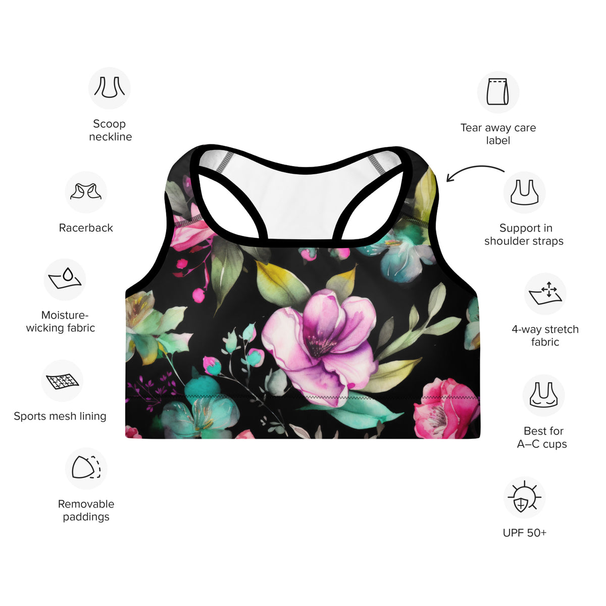 black sports bra with black piping that has a feminine floral botanical purple teal and pink pattern showing the front view on diagram of features including moisture-wicking fabric, 4-way stretch, and removable paddings