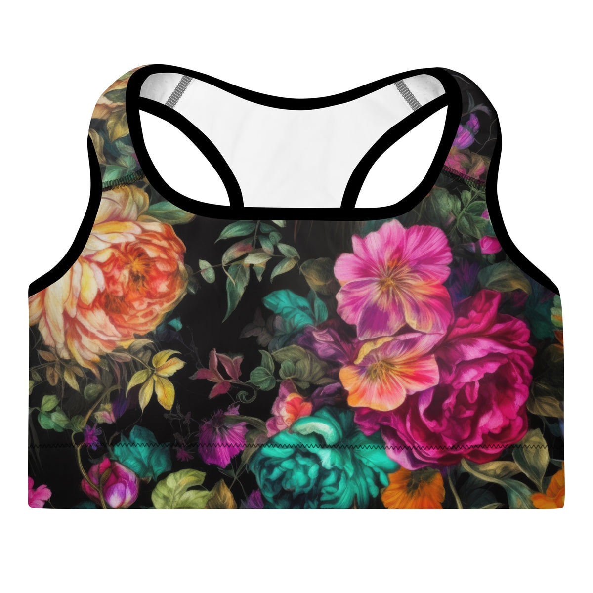 black standard sports bra with black piping and vivid purple orange pink and teal floral feminine botanical pattern showing the front